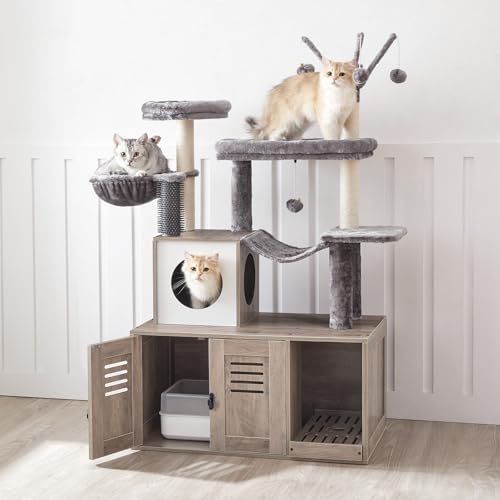 HOOBRO Large Hidden Litter Box, Cat Tree with 30.7'' Long Litter Box Enclosure, Modern Cat Tower, Cat Condos with Scratching Posts, Rubbing Post