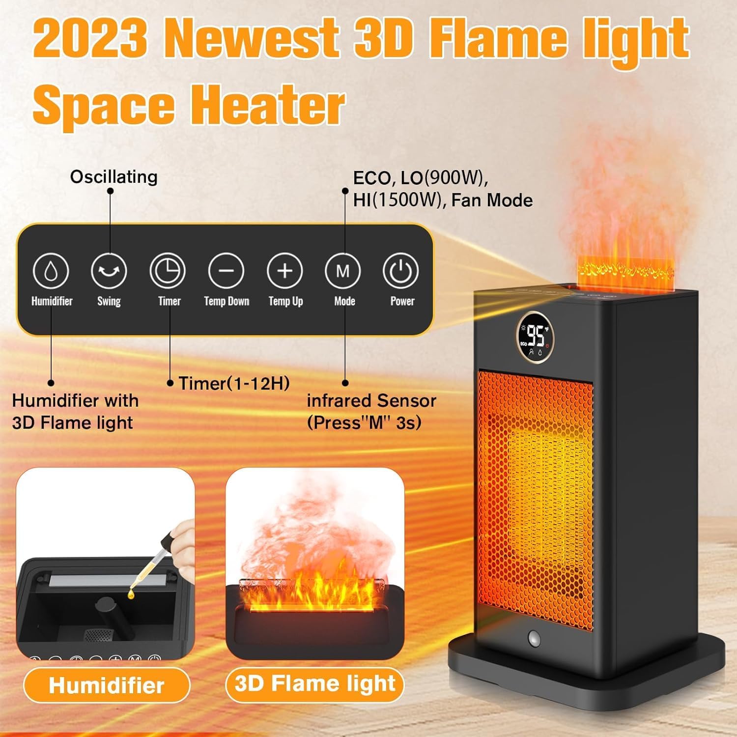 Space Heater,2023 Newest Upgraded Small Heaters for Indoor Use,PTC Portable Space Heater Office with Sensor,Humidifier,3D Flame Effect