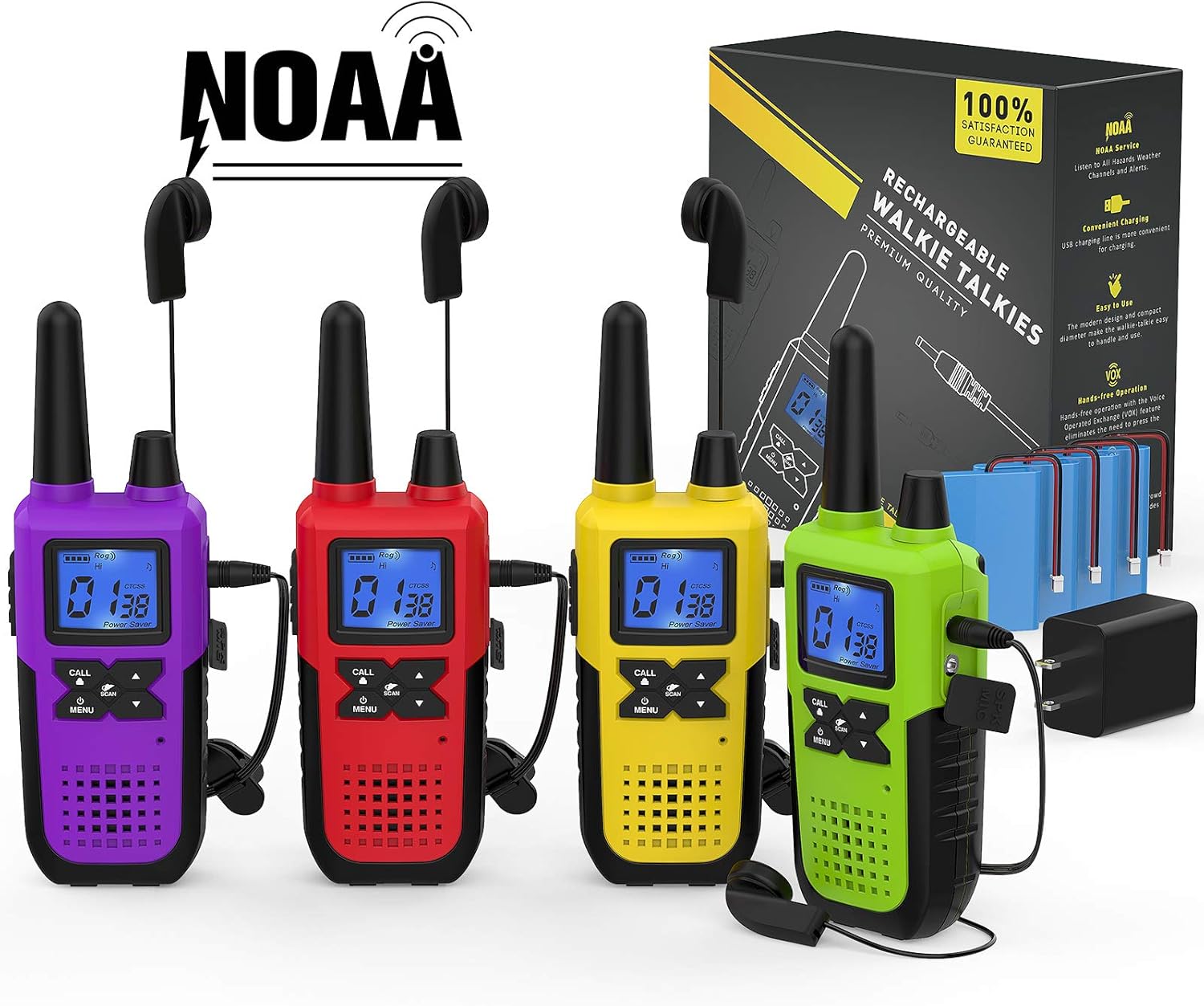 4 Long Range Walkie Talkies Rechargeable for Adults - NOAA 2 Way Radios Walkie Talkies 4 Pack