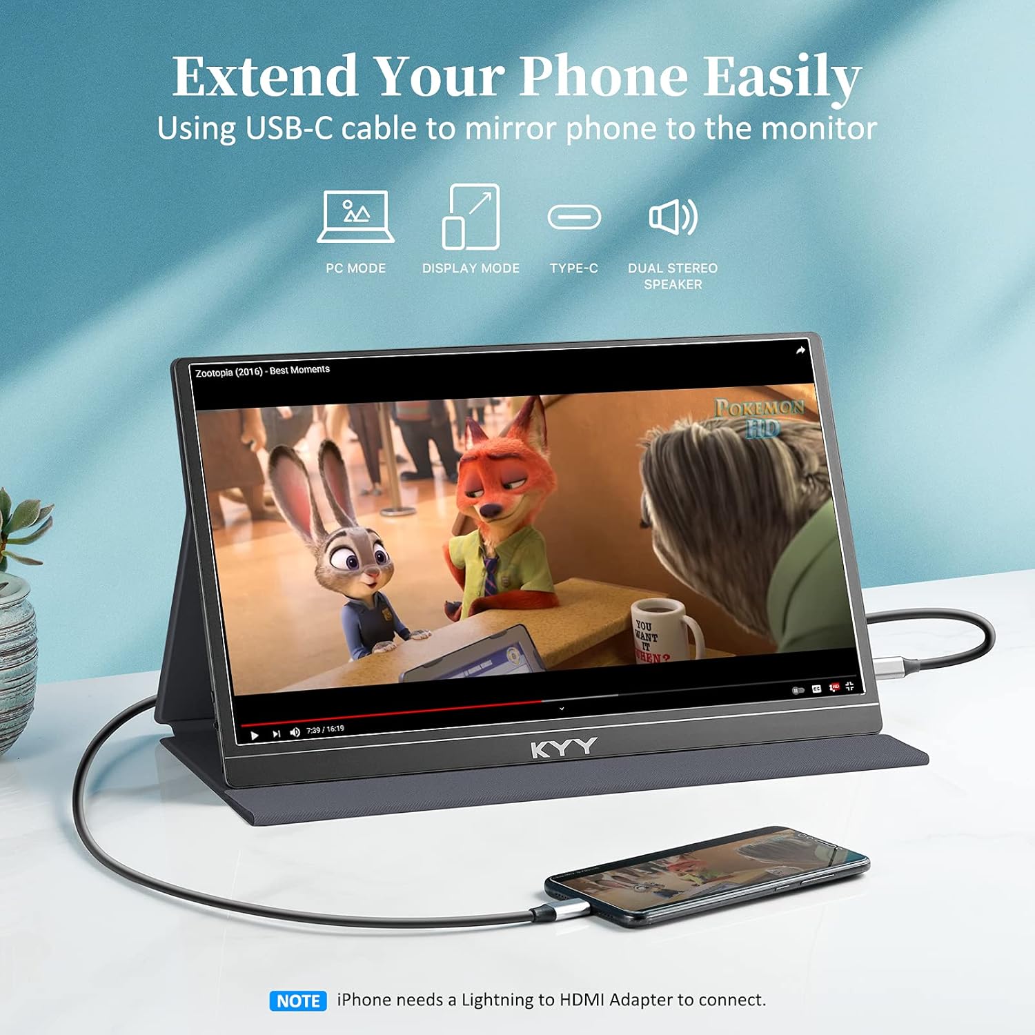 KYY Portable Monitor 15.6'' 1080P FHD USB-C Laptop Monitors w/Smart Cover & Dual Speaker