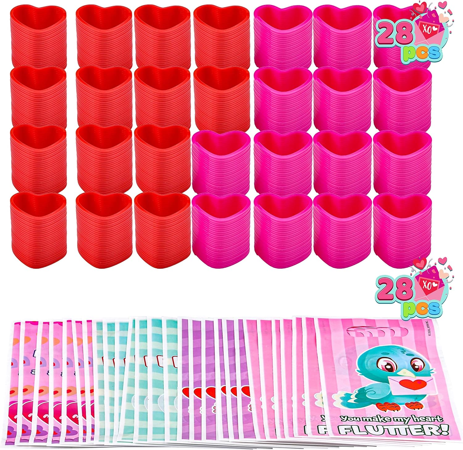 Joyin 140 Pcs Valentines Day Stationery Set with Treat Bags for Kids Party Favor, Classroom Exchange Prizes including Heart Shape Mini Car Toy