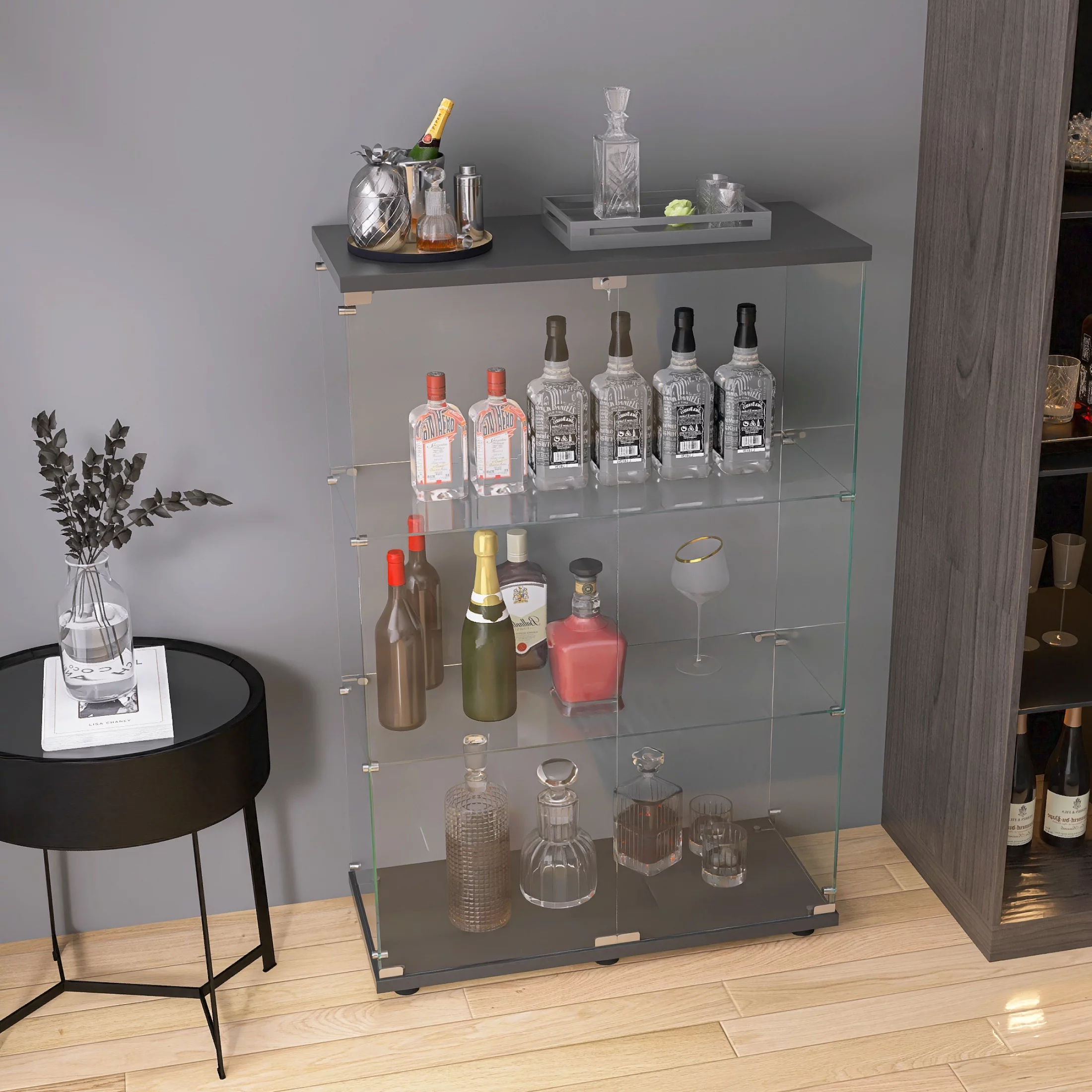 Two-door 3 Shelves Glass Display Cabinet with Door, Floor Standing Curio Bookshelf for Living Room Bedroom Office, 49.49” x 31.77”x 14.37”, Black