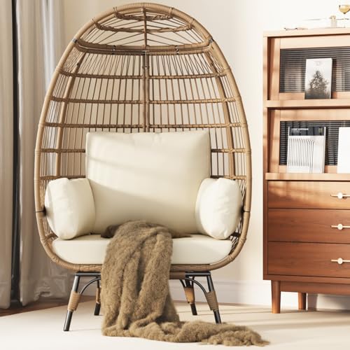 Oversize Wicker Egg Chair with 4 Comfy Cushions, Big Egg Shaped Lounger with Ottoman, Rattan Reading Chairs for Indoor Outdoor Patio Porch Backyard