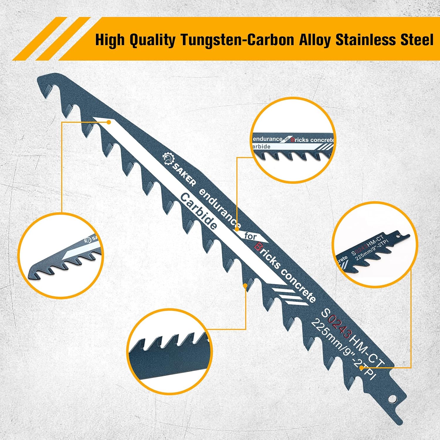 Saker Saw Blade-Demolition Masonry Reciprocating Hard Alloy Saw Blades for Cutting Wood,Porous Concrete,Brick 9”/225mm Pack of 2