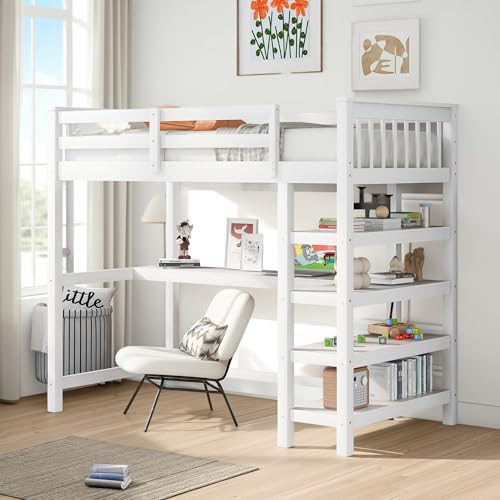 Full Size Loft Bed with L-Shaped Desk, Wardrobe and Storage Shelves, Solid Wood Bedframe w/Safety Guardrails & Ladder for Kids Teens Adults