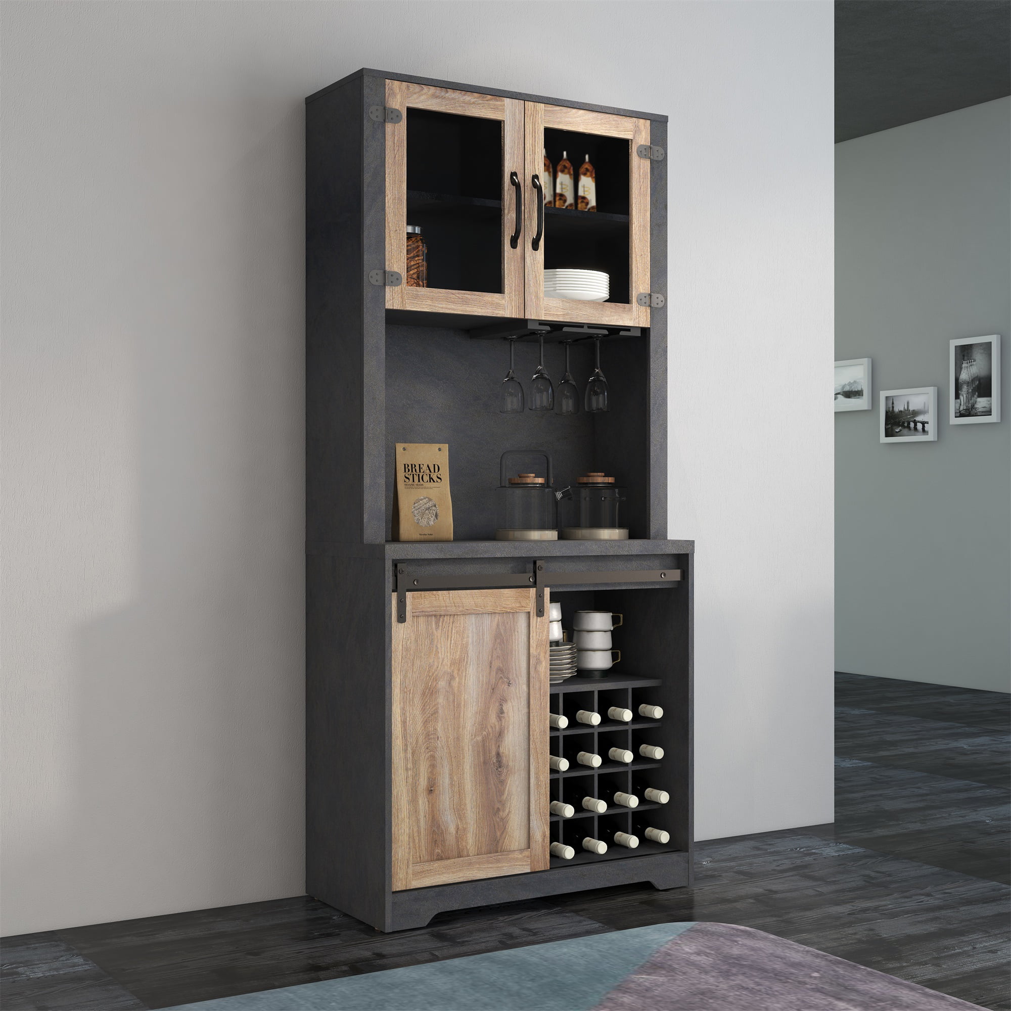 Ufurpie 31 Inch Farmhouse Barn Door Bar Cabinet For Living Room, Dining Room,Black