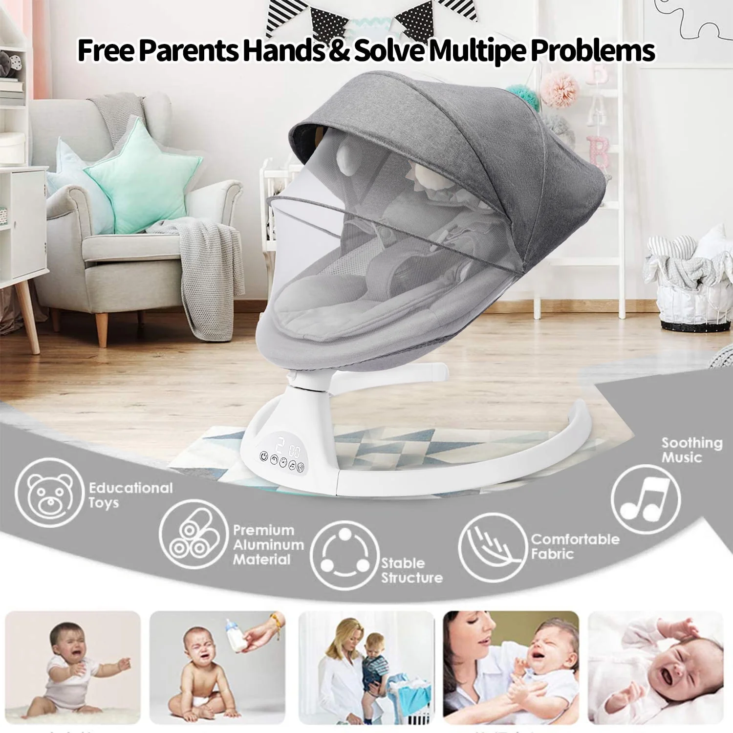 Baby Swing for Infants, Bluetooth Swing Electirc Baby Rocker Bouncer, Intelligent Auto Swing with 5 Speed