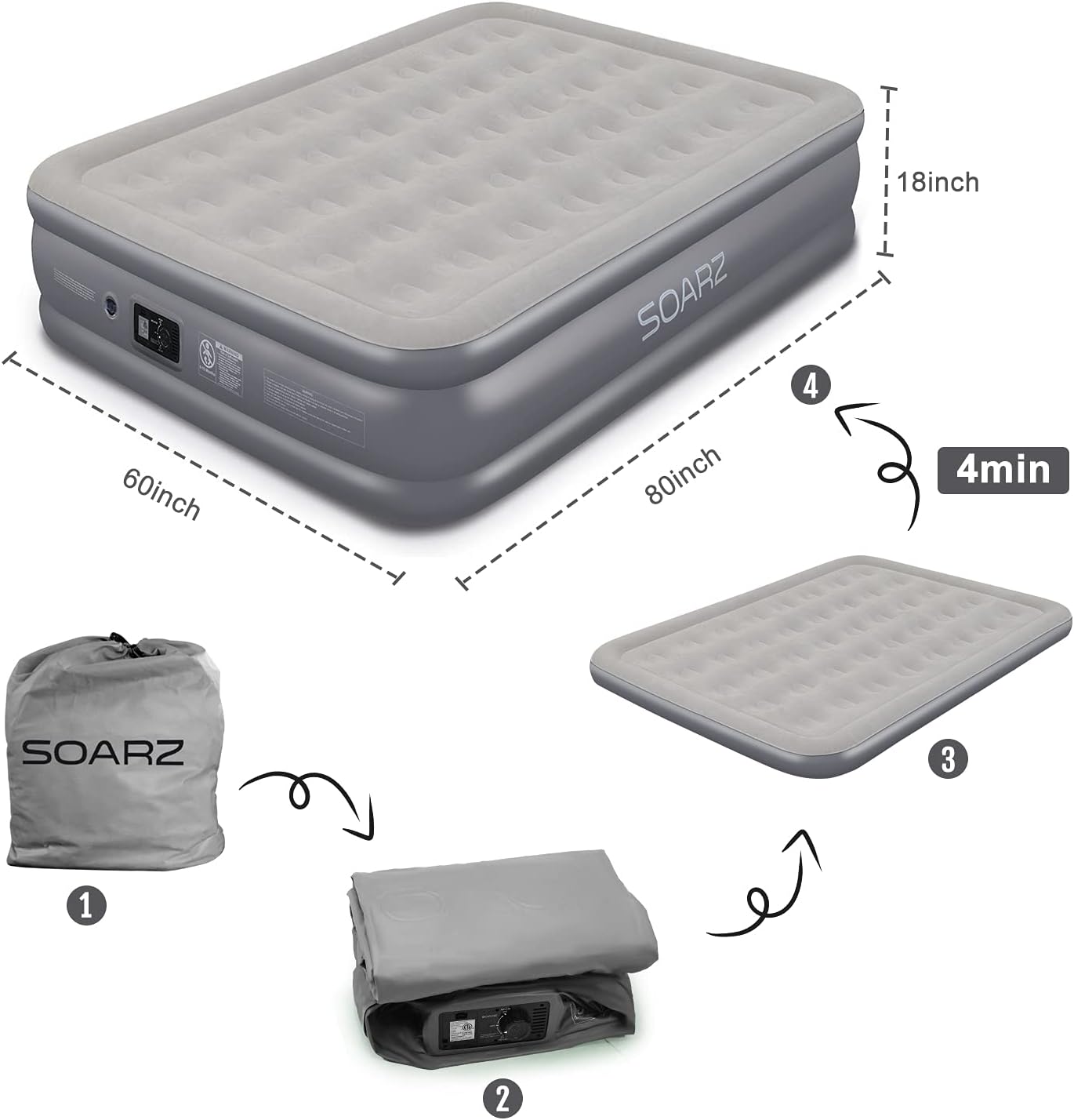 SOARZ Air Mattress Queen with Built-in Pump, Upgraded Double High Luxury Flocked Top Airbed for Home Camping Travel and Indoor Use