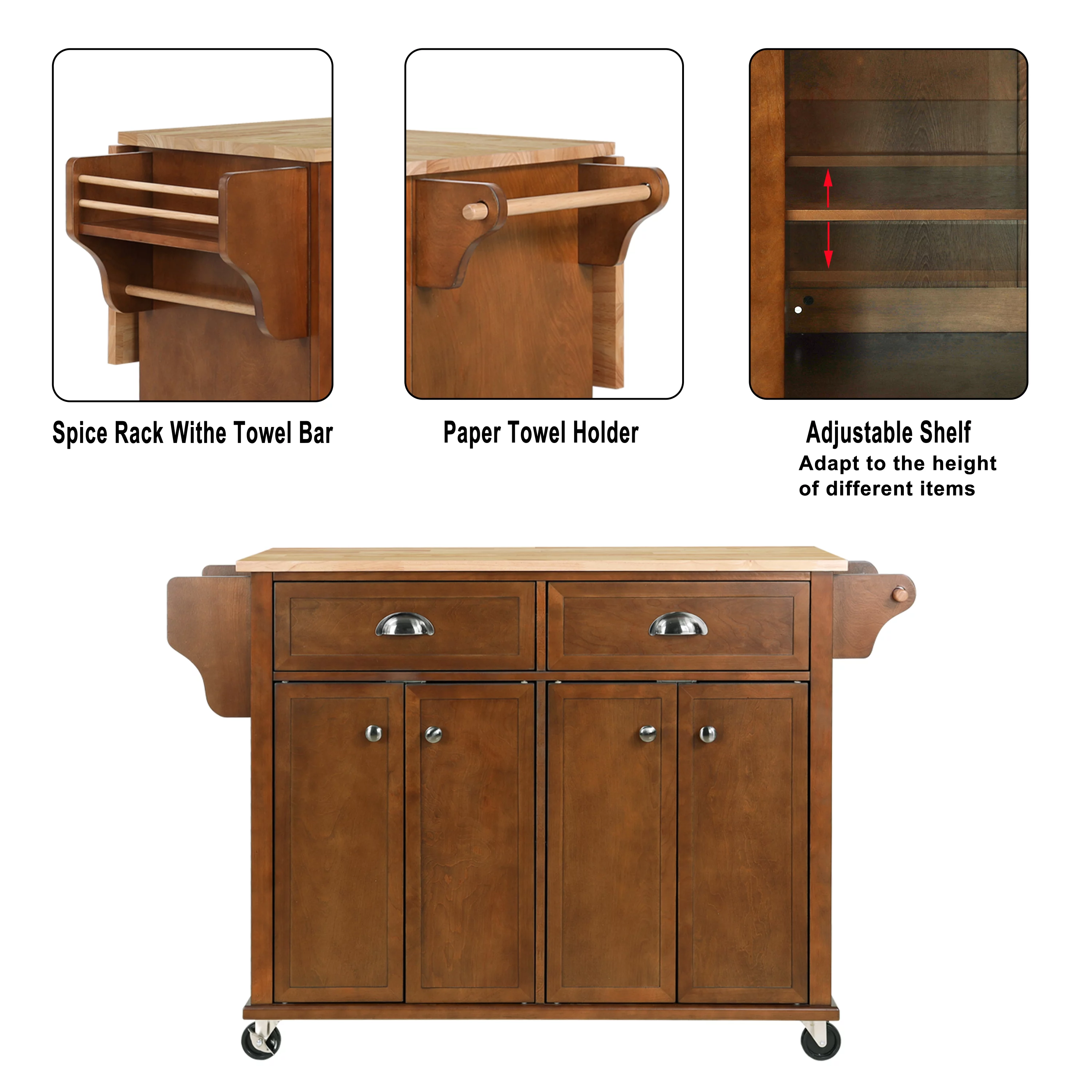 Rolling Kitchen Island Cart with Large Storage Cabinet on Wheels, Solid Rubberwood Countertop with Drop Leaf, Greenguard Gold Certified, 4-Droors