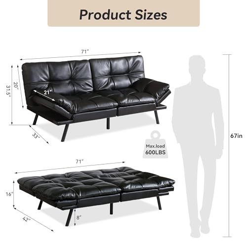 71" Convertible Futon Sofa,Faux Leather Futon Couch Bed,Sleeper Sofa Bed,Memory Foam Modern Folding Small Loveseat for Living Room,Office,Apartment
