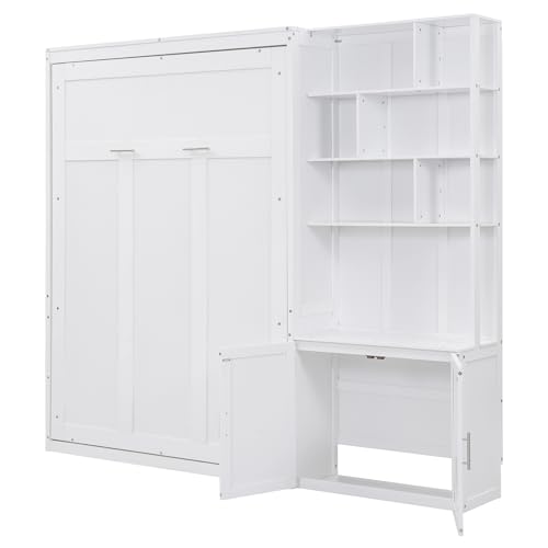 Merax Full Size Murphy Bed, White Wood Wall Bed Cabinet with Multiple Storage Shelves and a Cabinet