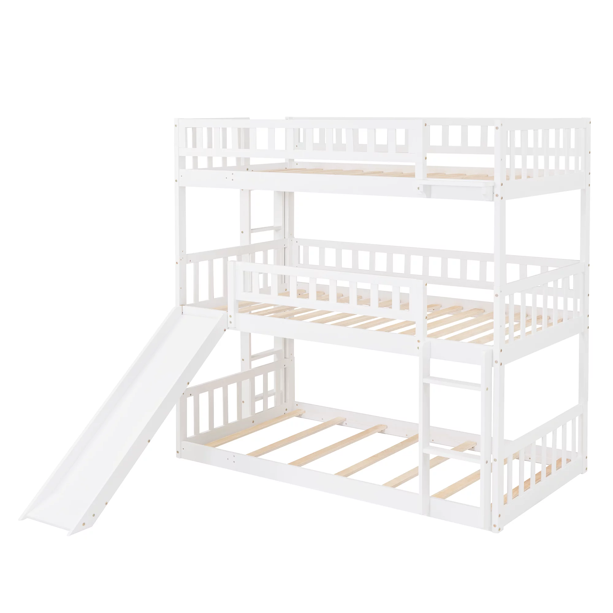 Bellemave Triple Bunk Bed with Slide, Wood Twin Over Twin Over Twin 3 Bunk Bed with Built-In Ladder and Guardrails, Triple Bed for Kids, Teens, Boys