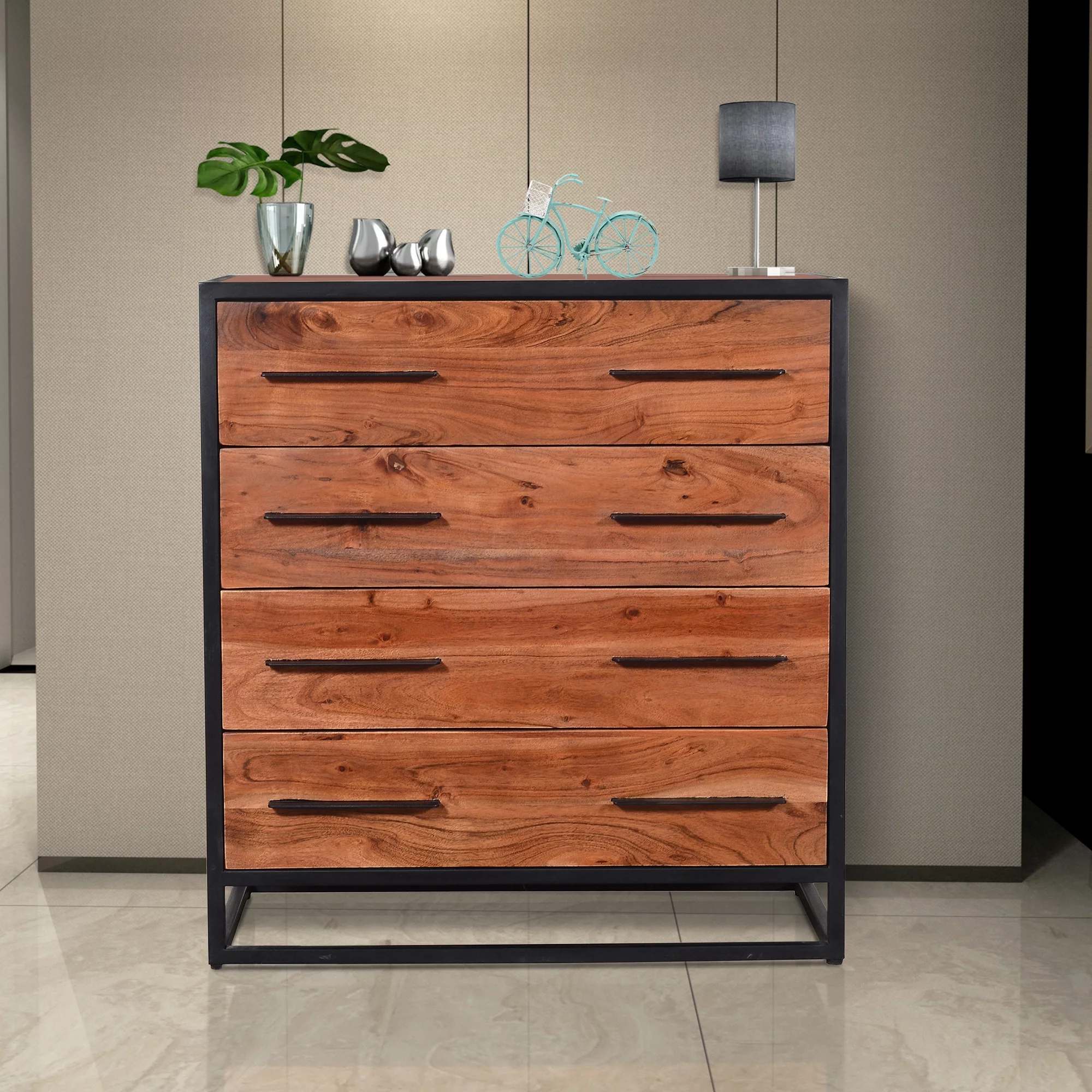 Handmade Dresser with Grain Details and 4 Drawers, Brown and Black- Saltoro Sherpi