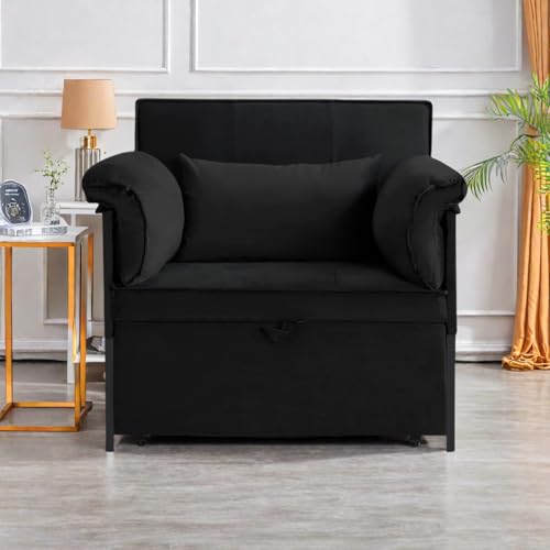 3 in 1 Sleeper Sofa Bed, Futon Sofa Bed for Living Room with Side Pocket, Black Sleepers Sofa Couch with Pullout Bed