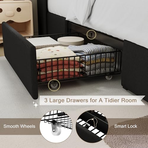Queen Bed Frame with 4 Storage Drawers and Charging Station, Upholstered Platform Bed Frame with Storage Headboard, No Box Spring Needed