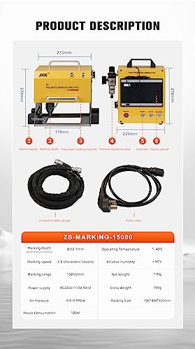 US Stock 100W Pneumatic Dot Peen Metal Engraving Machine Pneumatic Dot Peen Marking Machine Engraving Size 120x50mm(4.7X2inch) Depth 0.02-1 mm