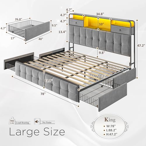 EnHomee King Size Bed Frame with 4 Storage Drawers King Bed Frame with Headboard Built in Charging Station and LED Lights, No Noise