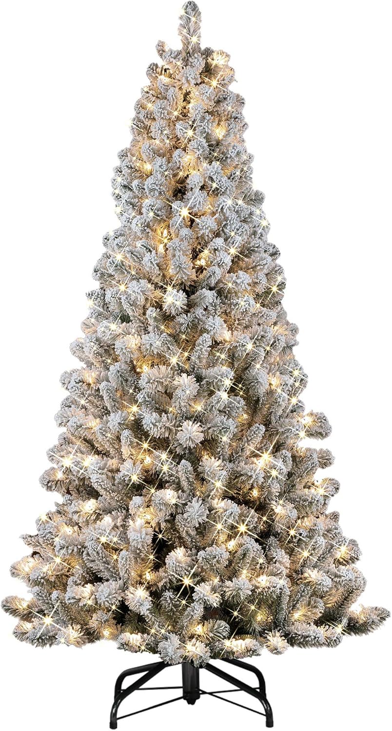 6.5’ Pre-Lit Virginia Pine Flocked Puleo International Artificial Tree - Clear Lights
