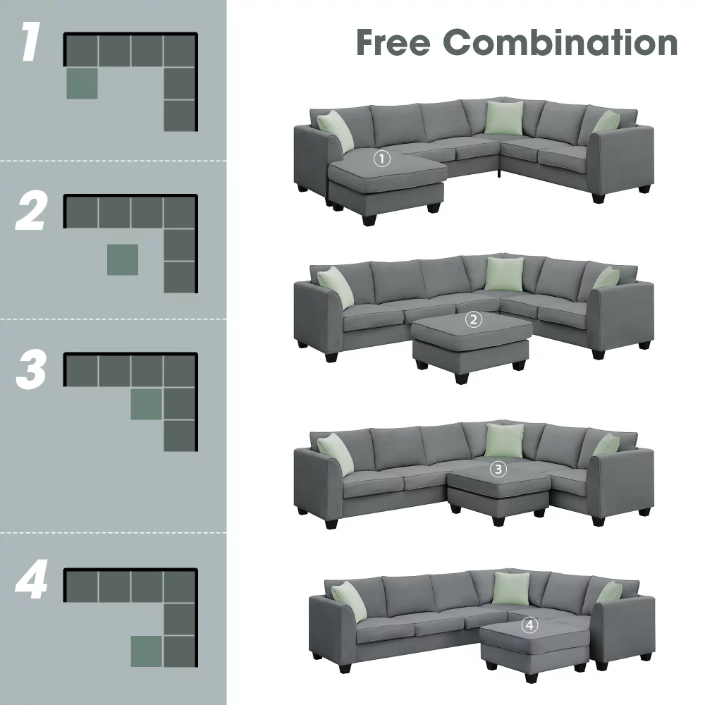 112*87" Sectional Sofa Couches Living Room Sets 7 Seats Modular Sectional Sofa with Ottoman L Shape Fabric Sofa Corner Couch Set with 3 Pillows,Grey