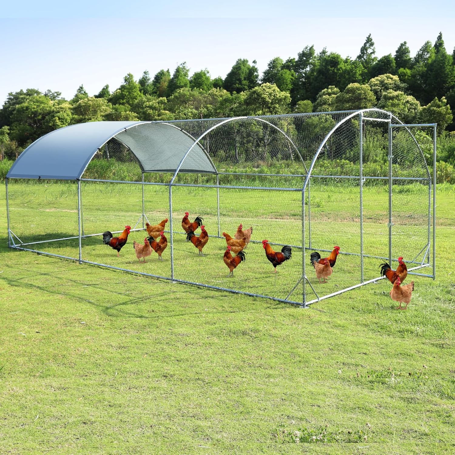 Large Metal Chicken Coop Walk-in Poultry Cage Chicken Run Pen Dog Kennel Duck House with Waterproof and Anti-Ultraviolet Cover for Outdoor Farm