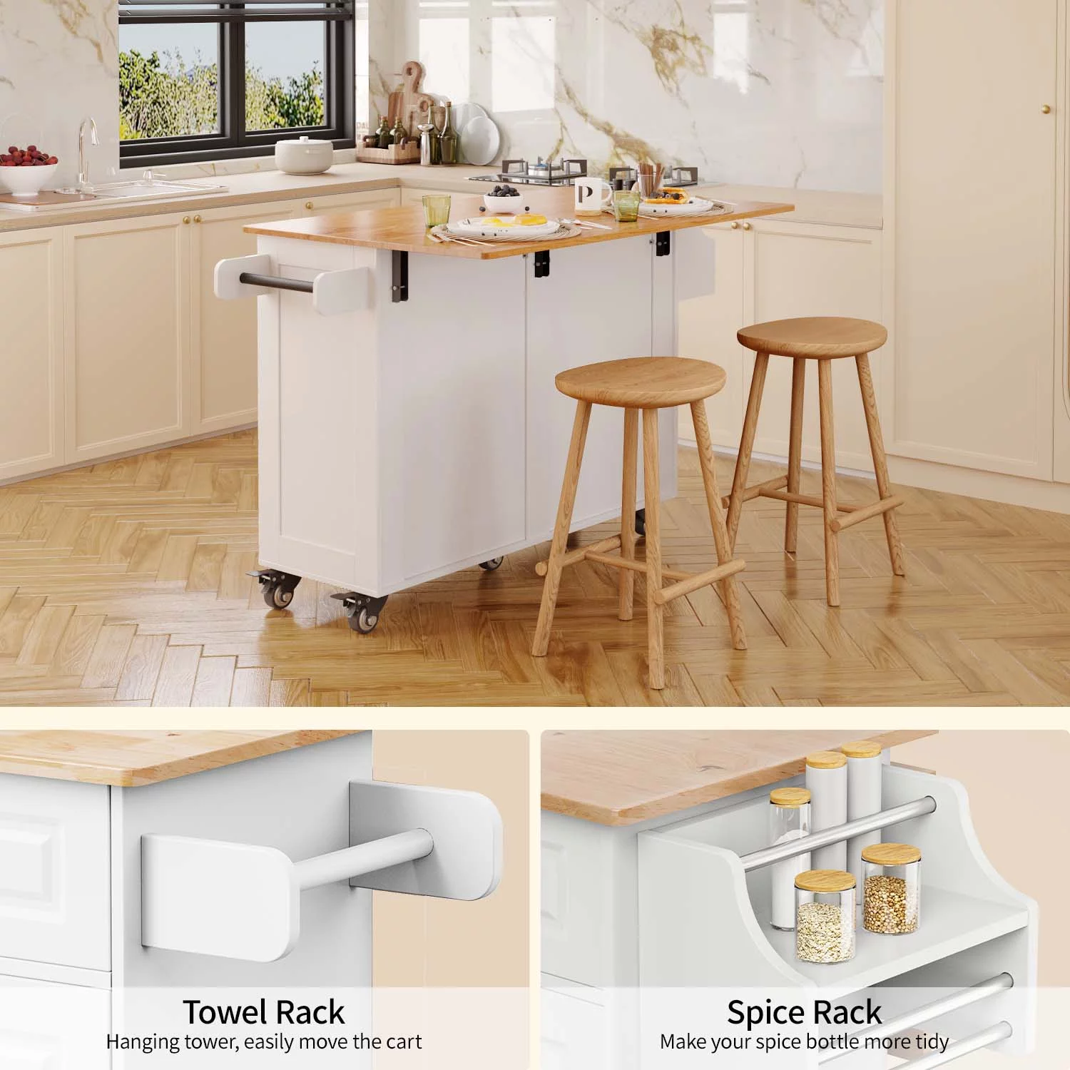 Lofka 52" Kitchen Island with Storage, Kitchen Cart with Drop Leaf, White
