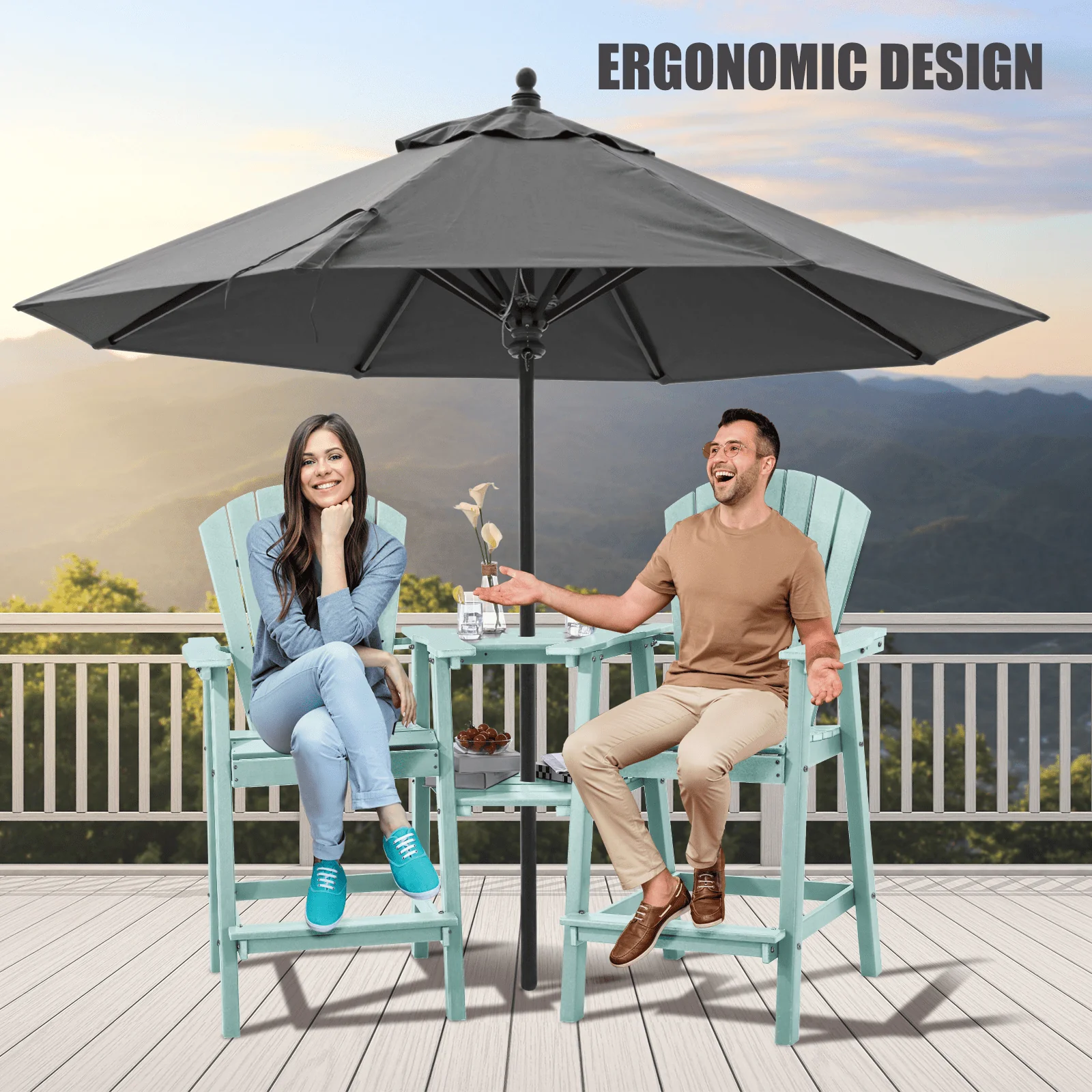 Tall Adirondack Chairs Set of 2 .Outdoor Adirondack Barstools with Double Connecting Tray Patio Stools Weather Resistant for Outdoor Deck Lawn Pool