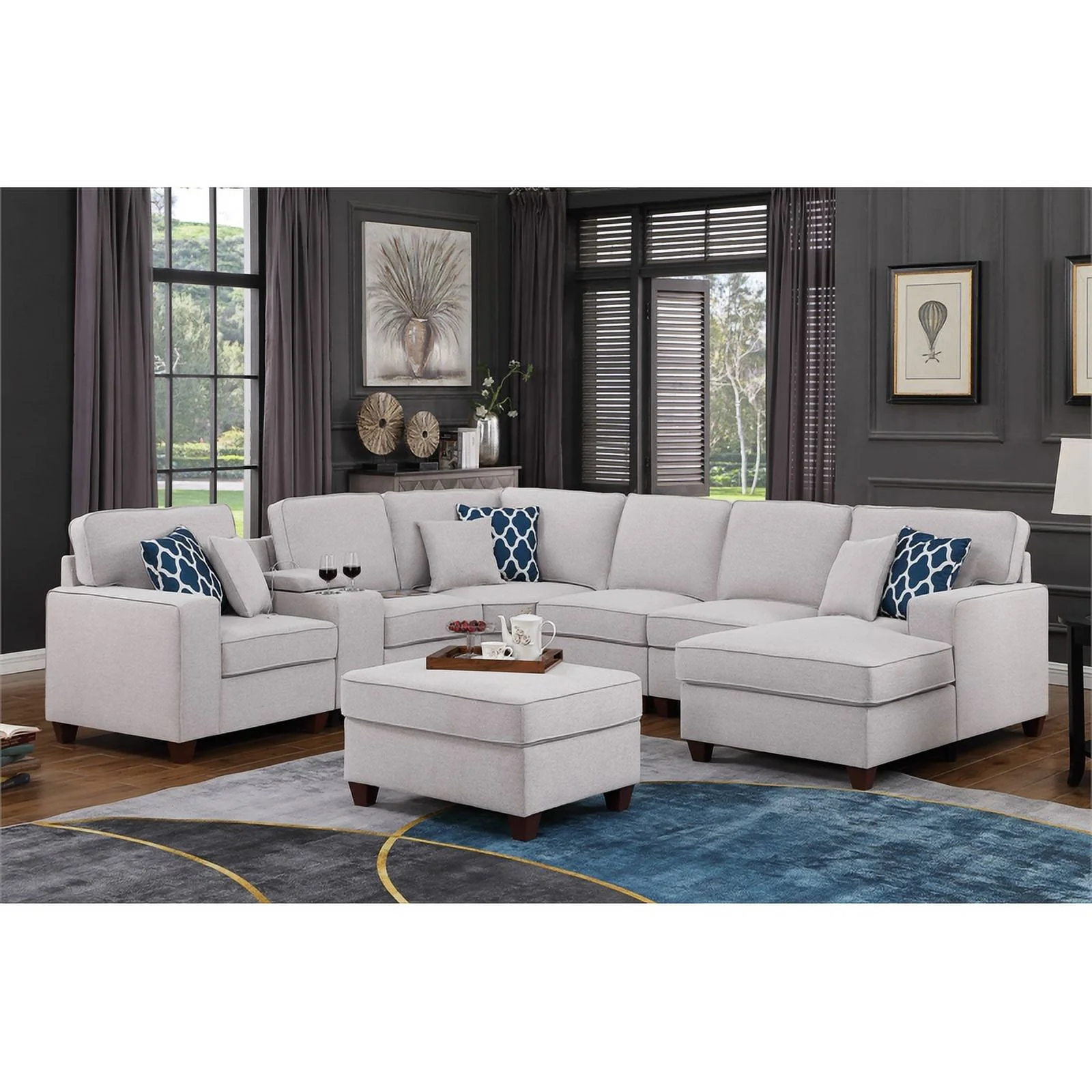 Pemberly Row 8-Piece Fabric Upholstered Sectional w/ Console & Chaise-Light Gray