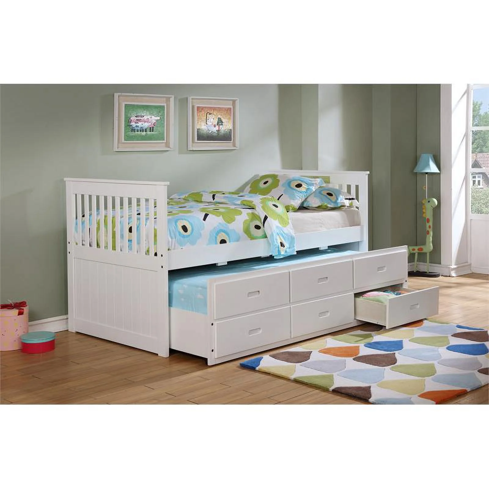 BEKids Solid Wood Twin Captain Bed with Twin Trundle and 3 Drawers in White