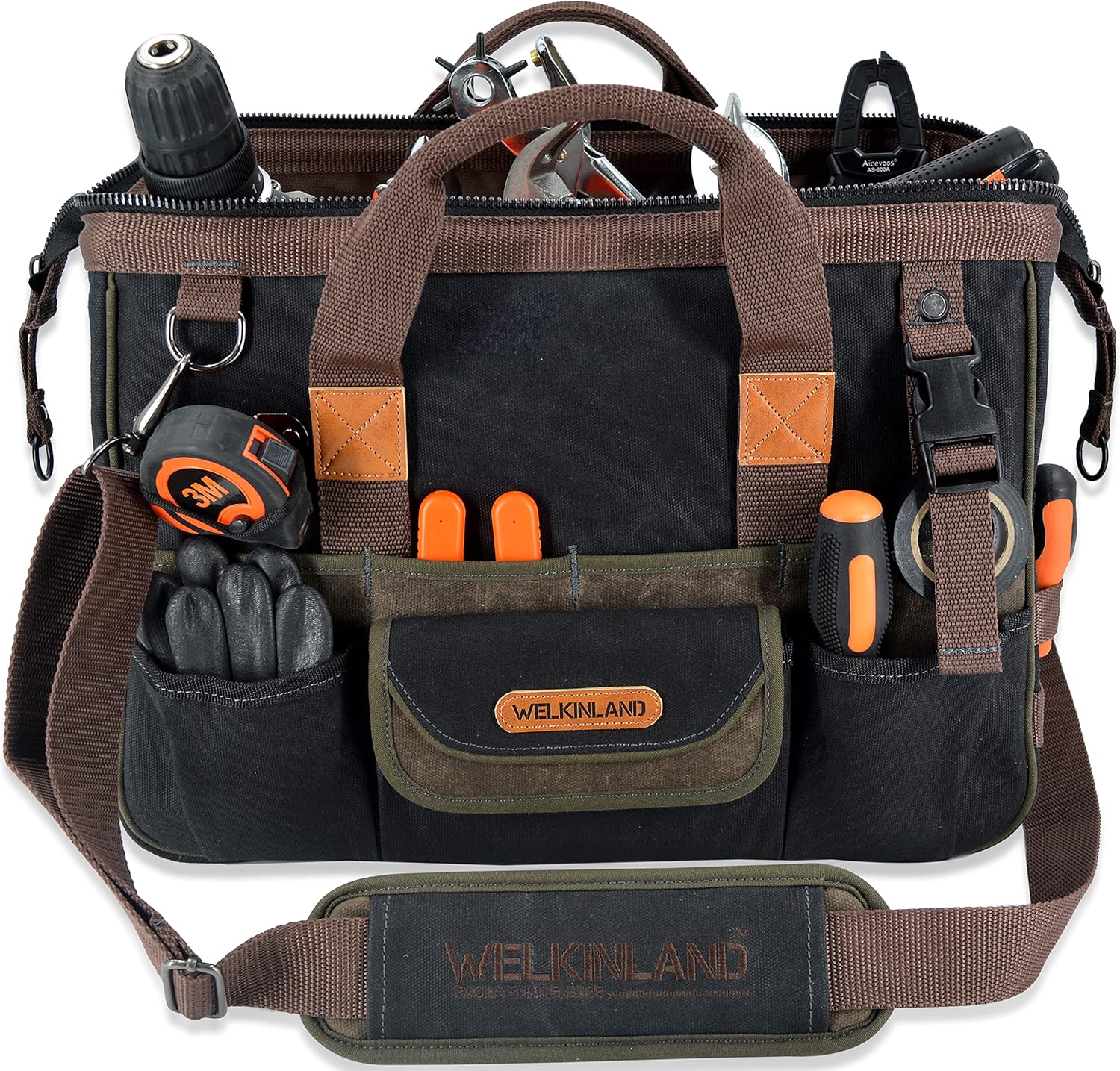 32-Pockets Waxed Canvas tool bag, Heavy-Duty Electrician tool bag, HVAC tool bag, Tool bag organizer, 16" Tools bag carrier