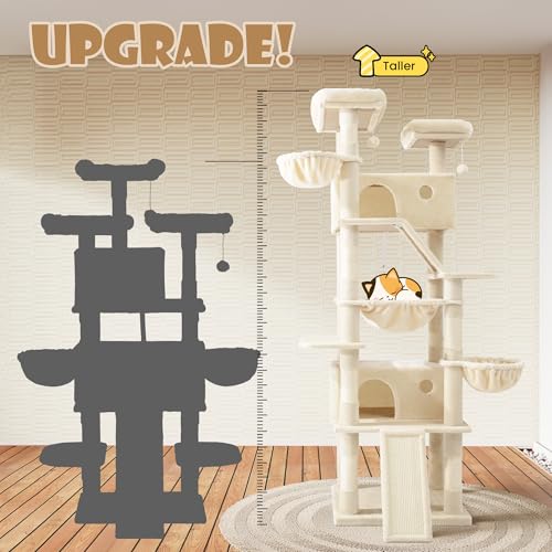 SHA CERLIN 81in Multi-Level Tall Cat Tree Tower for Indoor Kitties/Larger Cat Condo Furniture with Hammock/Cozy Pussycat Perches/Sisal Scratching