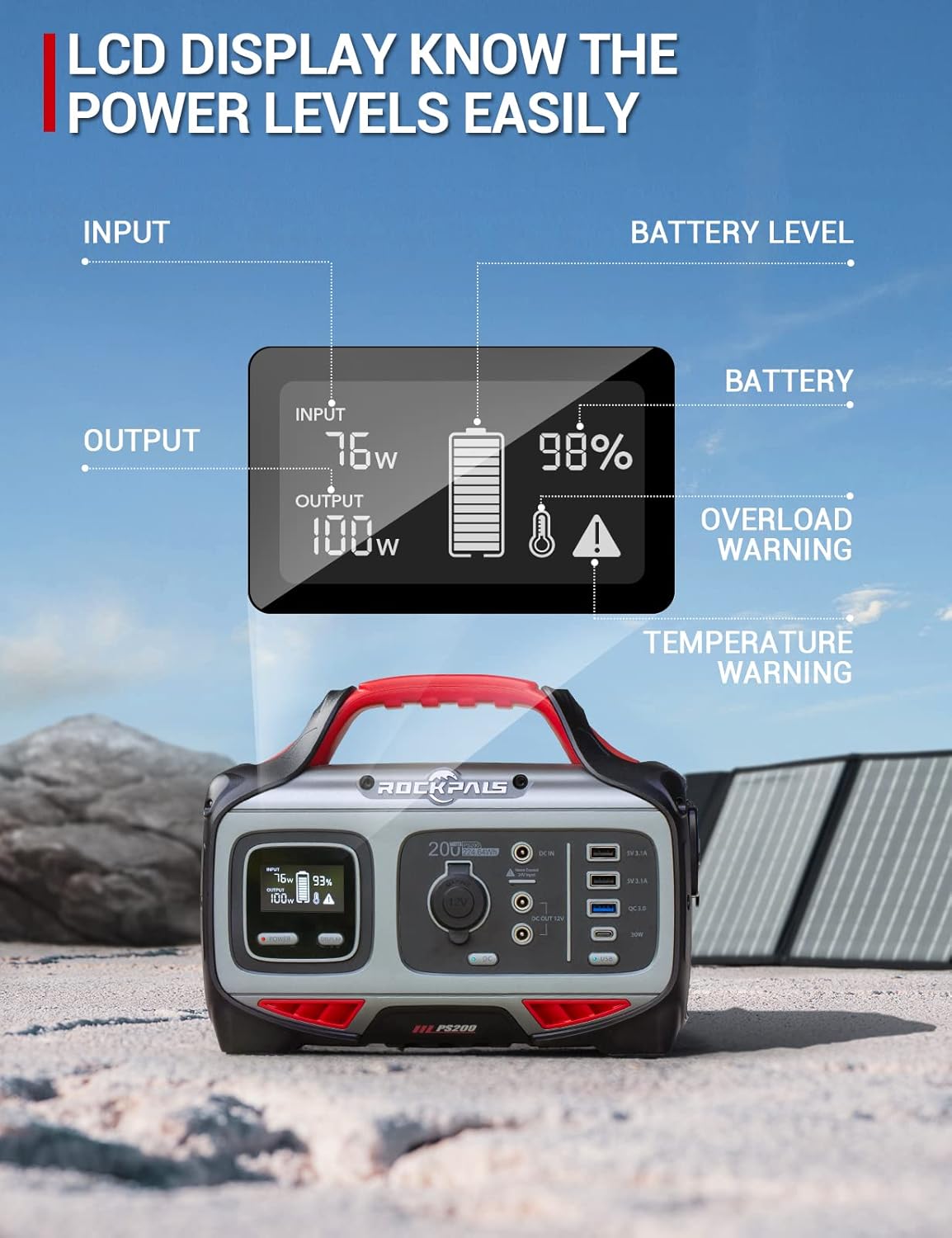 ROCKPALS Portable Power Station 200W, 224Wh Solar Generator with 110V/200W Pure Sine Wave AC Outlet, USB-C PD Input/Output