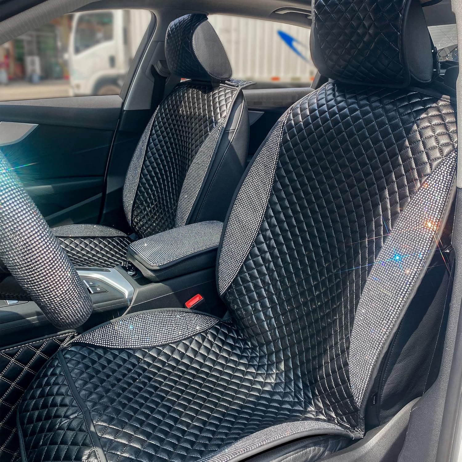 Lady Crystal 1 Pair Bling Front Leather Car Seat Covers, Luxury Car Protectors, Universal Anti-Slip&Sun-Resistant Driver Seat Cover with Backrest