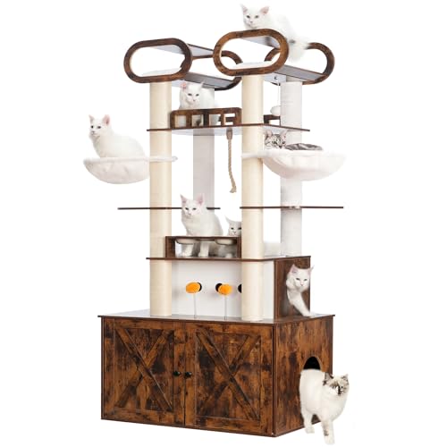 Heybly Cat Tree with Litter Box Enclosure, 76.8-inch Wooden mainecoons Cat Tower with Food Station,Extra Large Platforms