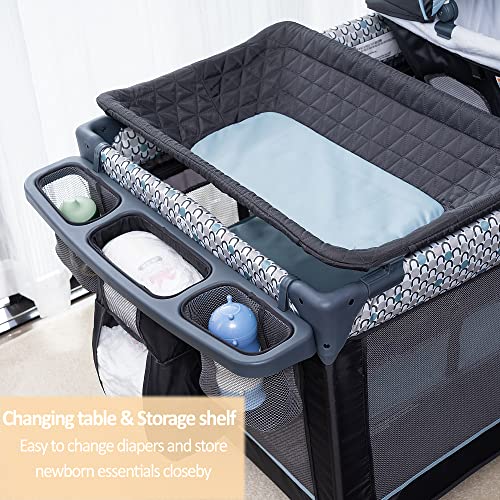 5 in 1 Multifunctional Pack and Play,Qutanix Foldable Baby Crib with Bassinets,Changing Table,Newborn Napper with Canopy,Diaper Stacker