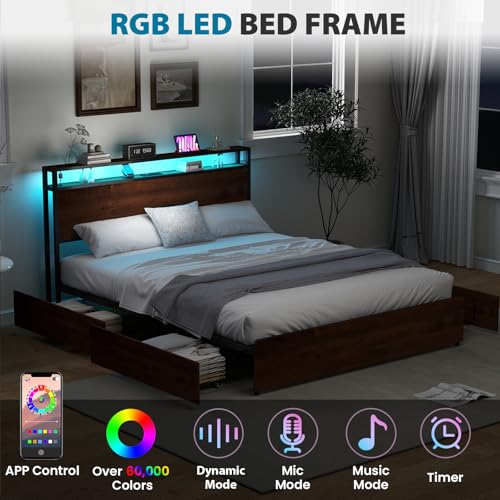 Queen Size Bed Frame with 4 Storage Drawers, LED Platform Bed with Headboard, Built in Charging Station, Noise Free, Stable and Solid