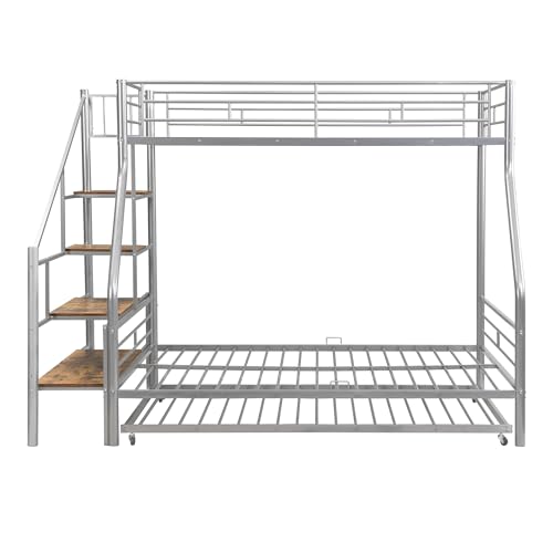 Twin Over Full Bunk Bed - Metal Full Size Bed with Trundle and Storage Staircase, Heavy Duty Bed Frame with Safety Guaedrail
