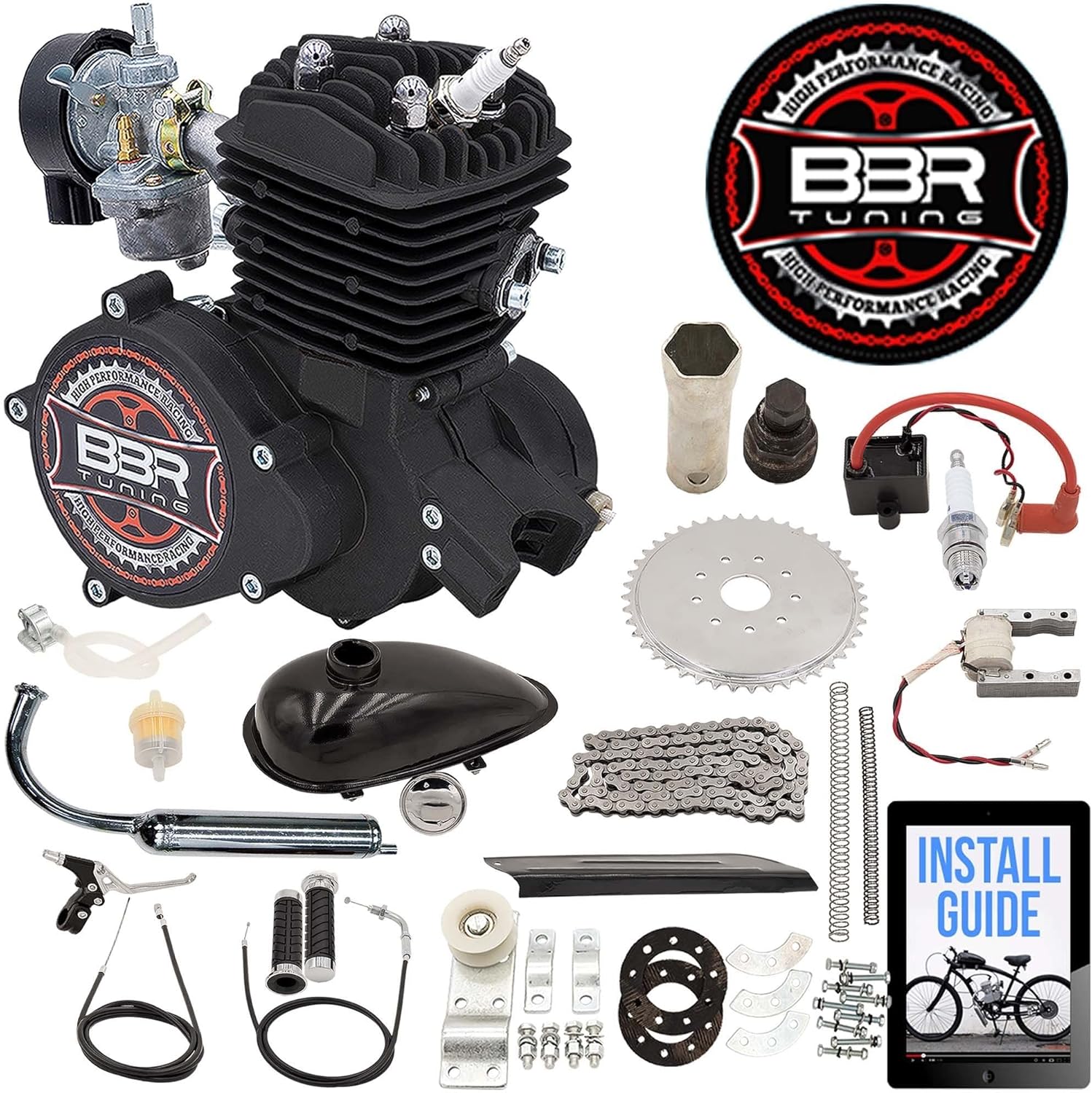 BBR Tuning 66/80cc Black Motorized Bicycle Kit – 2 Stroke Gas Powered Bike Motor Engine