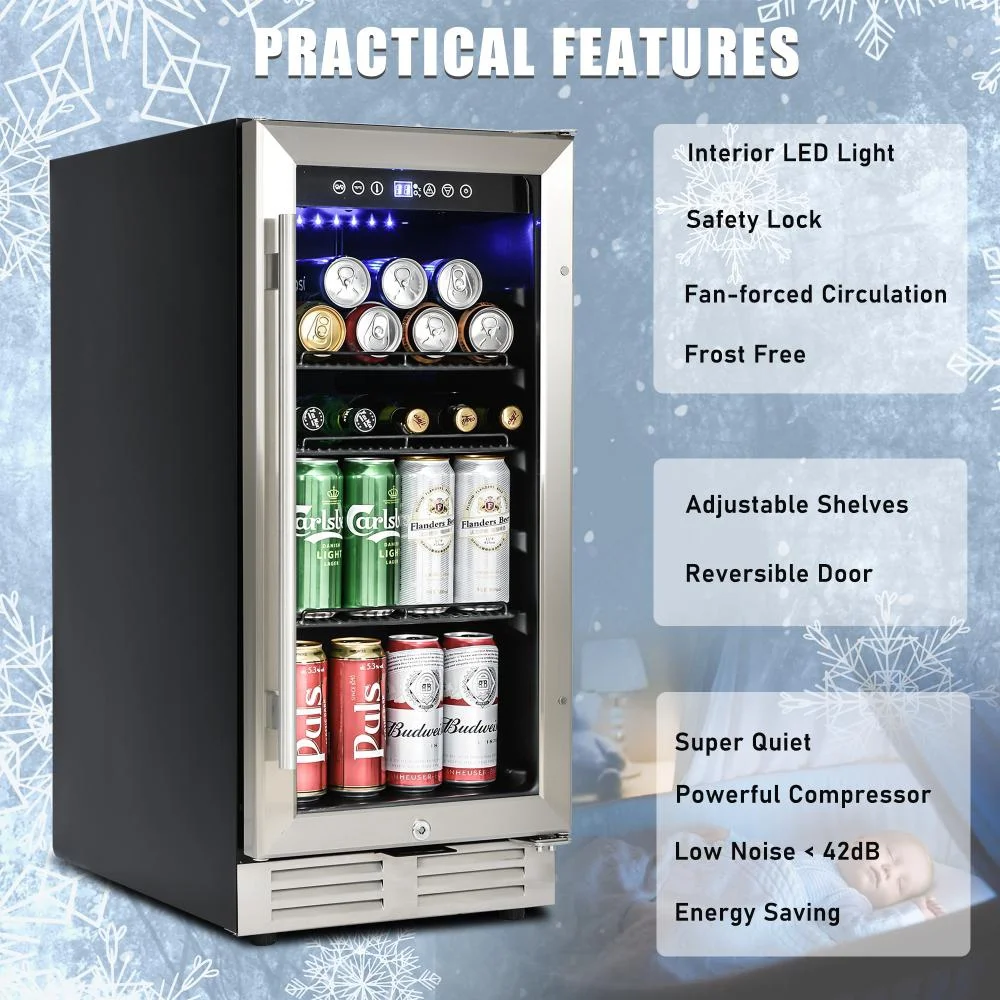 15 Inch Beverage Refrigerator Under Counter Built-in Wine Cooler Mini Fridge Clear Glass Door Digital Memory Temperature Control