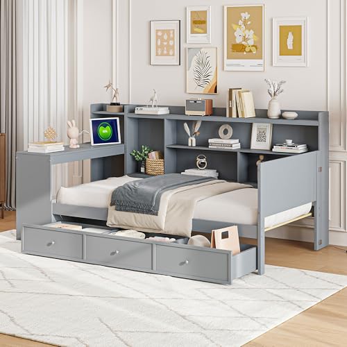 Bellemave Twin Corner Bed Frame with Storage Shelves and Desk, Wood Twin Size Daybed with Bookcase and Drawers and Storage, Gray