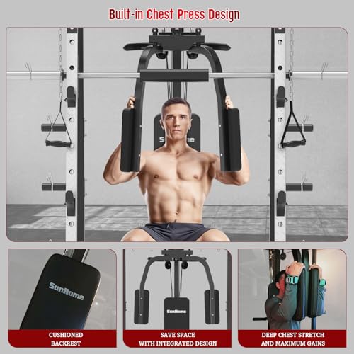 SunHome Smith Machine, 2000LBS Power Cage Squat Rack with Smith Bar, Two LAT Pull-Down Systems