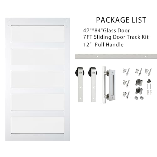 BARNSMITH 42in x 84in Glass Barn Door with 7FT Sliding Door Hardware Kit Included & Handle