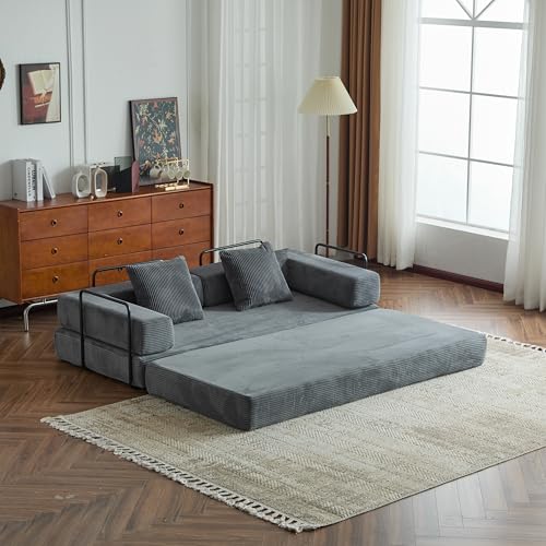 Compression Floor Sofa Bed, Convertible Foldable Sofa with Support Backrest and Armrest, Corduroy Fabric Modular Sectional Couch with 2 Pillows