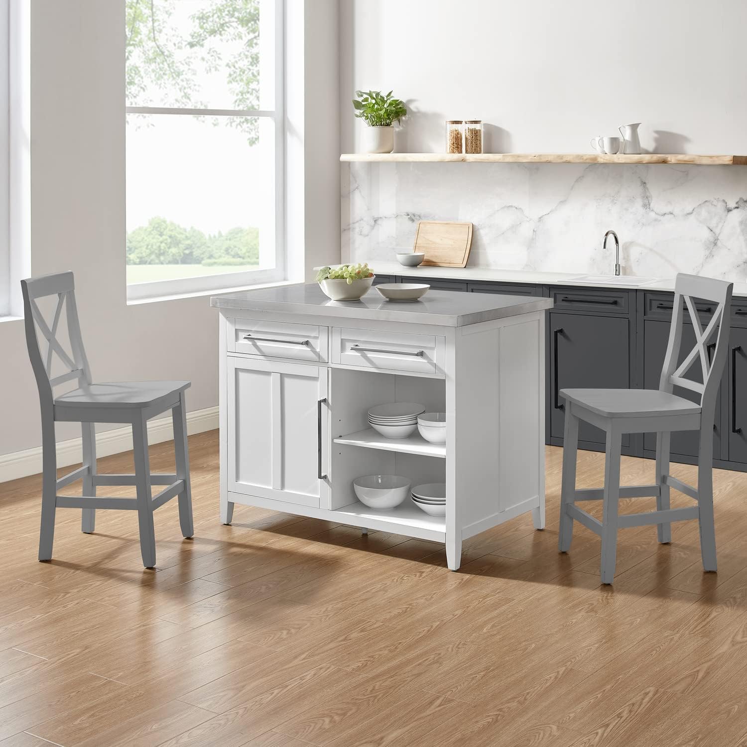 Earthy Elements Stainless Steel Top Kitchen Island with X-Back Stools White/Gray - Kitchen Island & 2 Stools