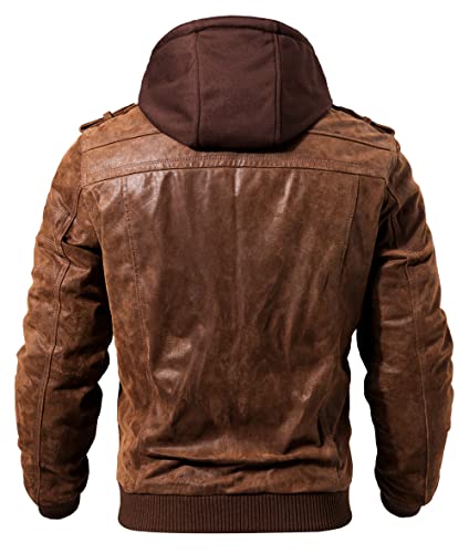 FLAVOR Men Brown Leather Motorcycle Jacket with Removable Hood