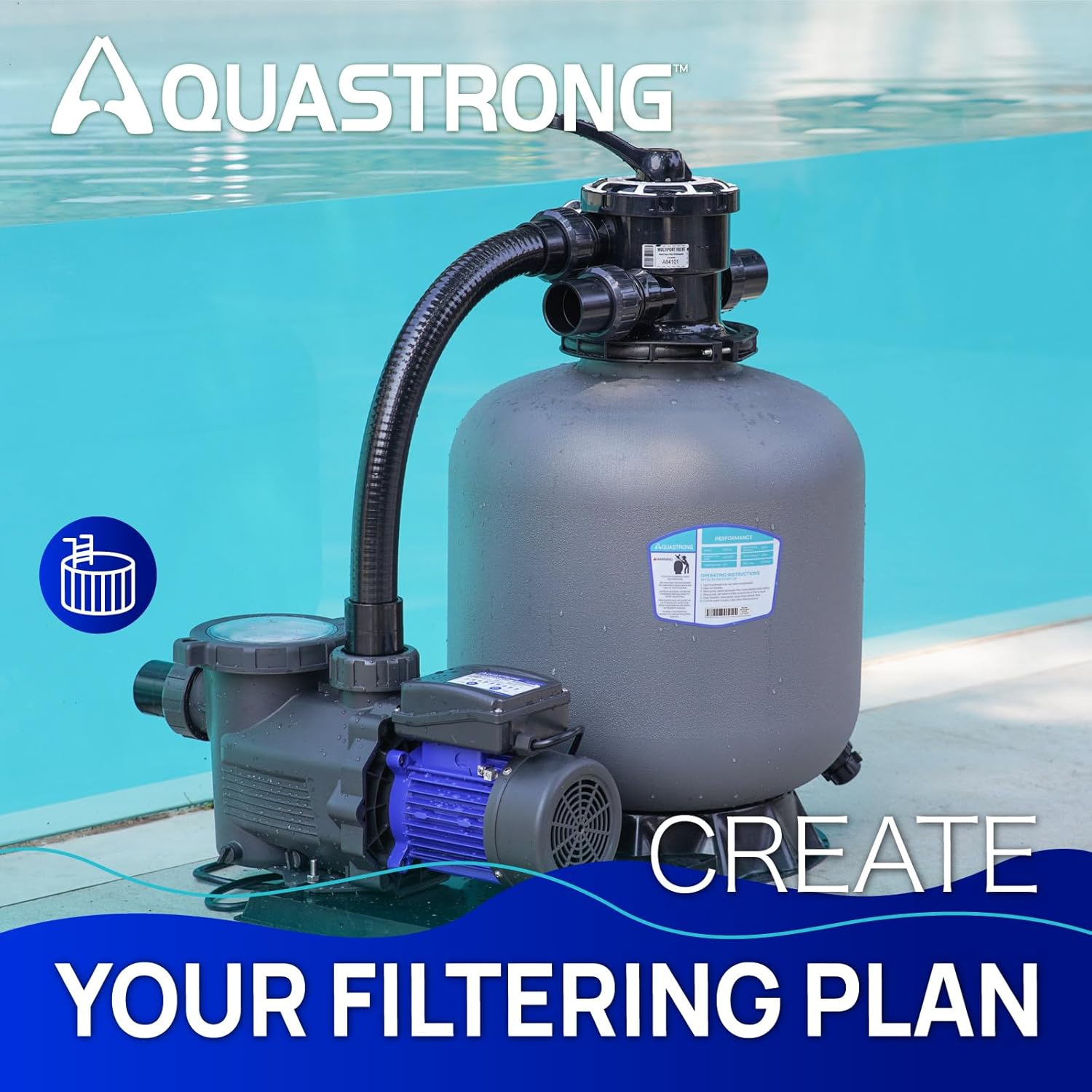 AQUASTRONG 18in Sand Filter Pump for Inground Pool with Timer, 1 HP, Max 6100GPH for Pools Up to 20000GAL, 6-Way Valve