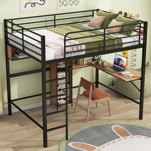 Harper & Bright Designs Twin Size Metal Loft Bed with Desk, Ladder and Guardrails, for Kids Teens Adults – Silver
