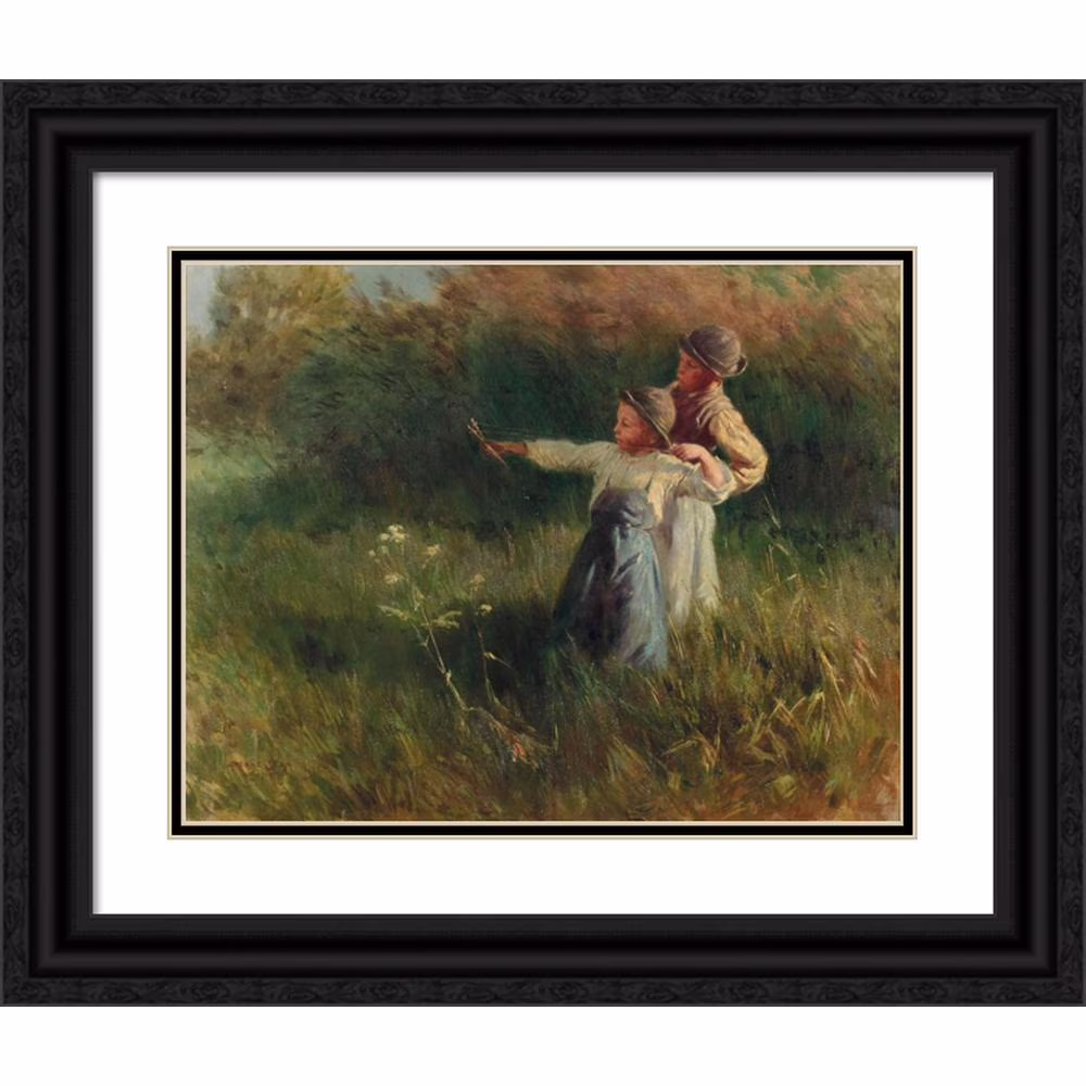 Géza Peske 18x15 Black Ornate Wood Framed Double Matted Museum Art Print Titled - Two Boys with Stone Slingshot on the Summer Meadow