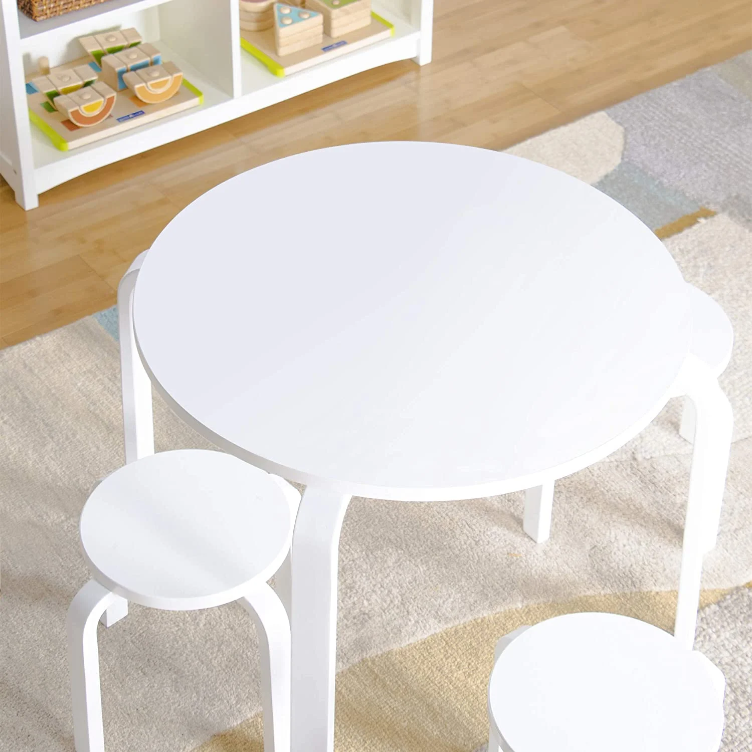 Nordic Table and Chairs Set for Kids: White - Stacking Bentwood Stools with Curved Wood Toddler Activity Table - Children's Modern Bedroom, Playroom
