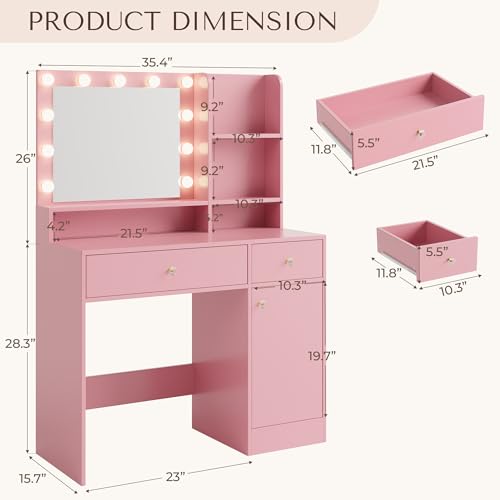 Vanity Desk with Mirror and Lights, Diamond Edition Vanity Desk, Makeup Vanity Table with 3 Drawers & 5 Open Shelves