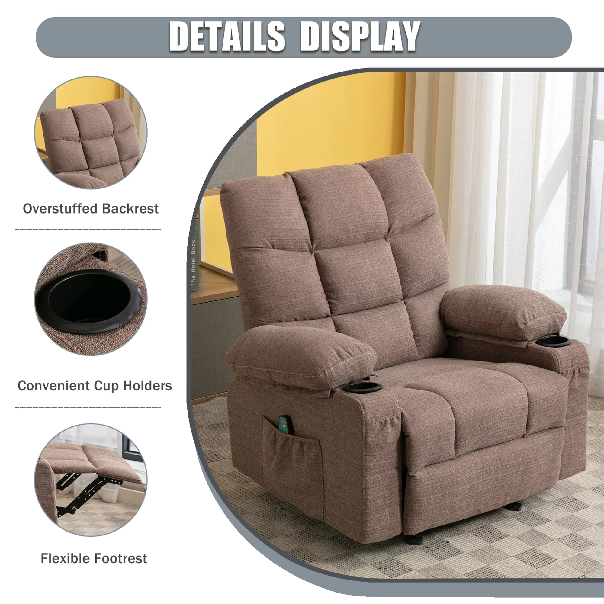 Big and Tall Manual Rocking Recliner Chair with 2 cup holders,USB Ports